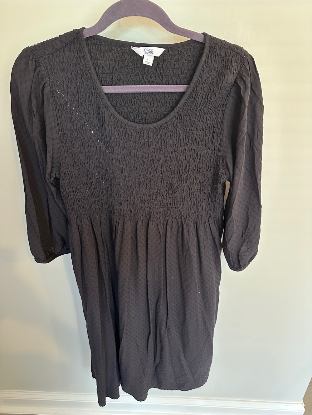 Black Textured Smocked Waist Long Sleeve Dress